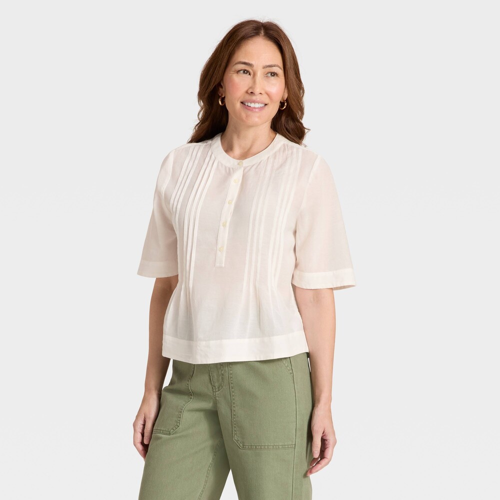 Elbow Sleeve Button-Front Pintuck Blouse - Cream XL